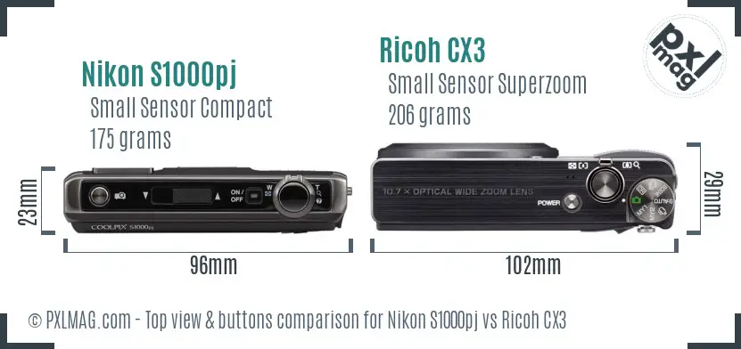 Nikon S1000pj vs Ricoh CX3 top view buttons comparison