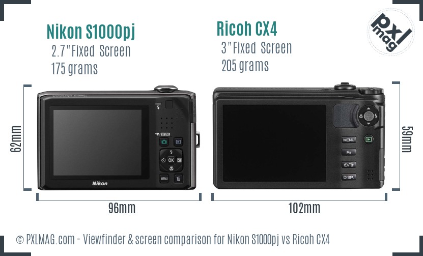 Nikon S1000pj vs Ricoh CX4 Screen and Viewfinder comparison