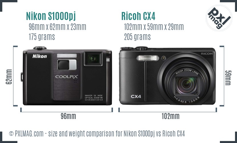 Nikon S1000pj vs Ricoh CX4 size comparison