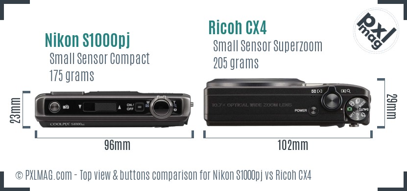 Nikon S1000pj vs Ricoh CX4 top view buttons comparison