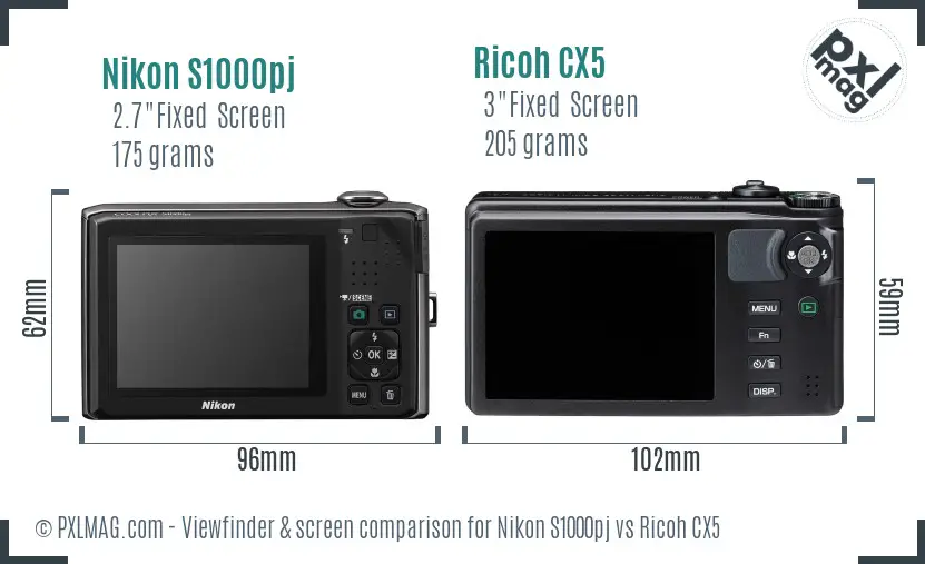 Nikon S1000pj vs Ricoh CX5 Screen and Viewfinder comparison