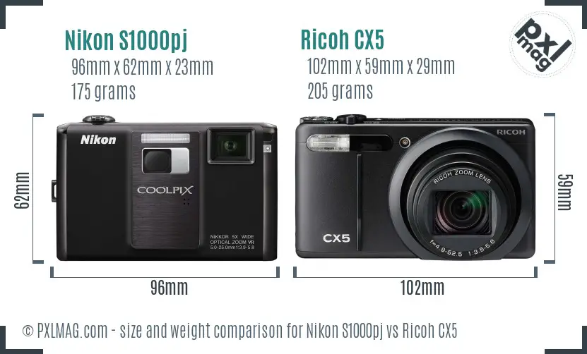 Nikon S1000pj vs Ricoh CX5 size comparison