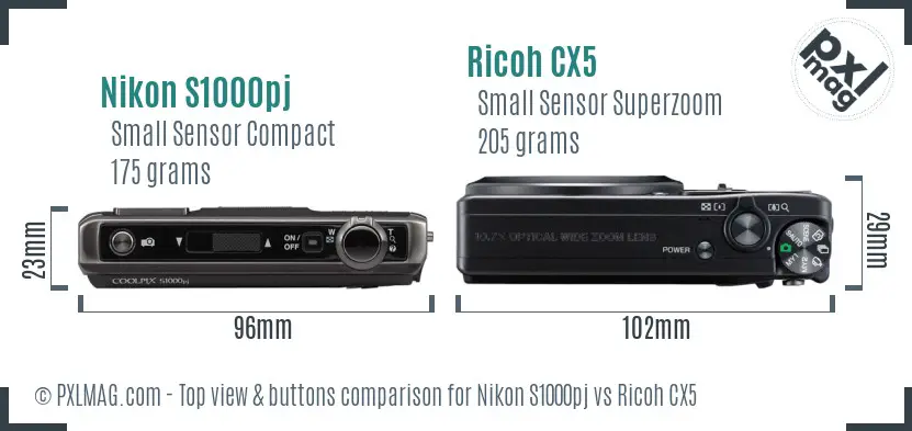 Nikon S1000pj vs Ricoh CX5 top view buttons comparison