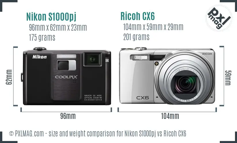 Nikon S1000pj vs Ricoh CX6 size comparison