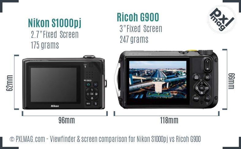 Nikon S1000pj vs Ricoh G900 Screen and Viewfinder comparison