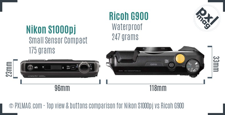 Nikon S1000pj vs Ricoh G900 top view buttons comparison