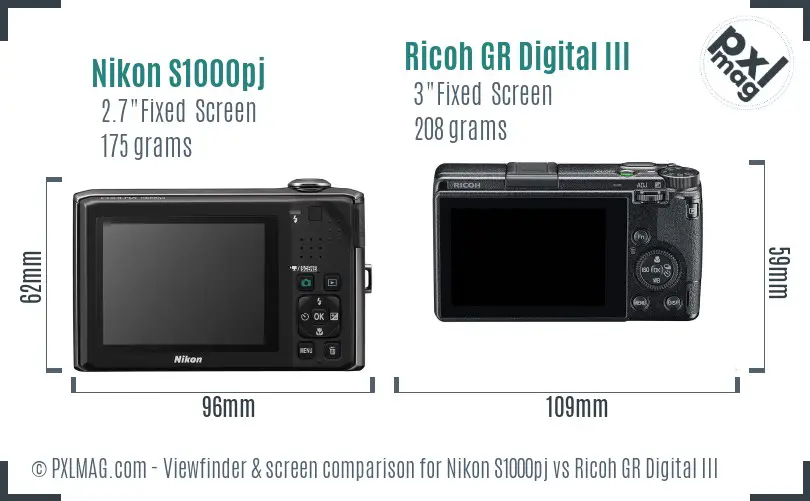 Nikon S1000pj vs Ricoh GR Digital III Screen and Viewfinder comparison