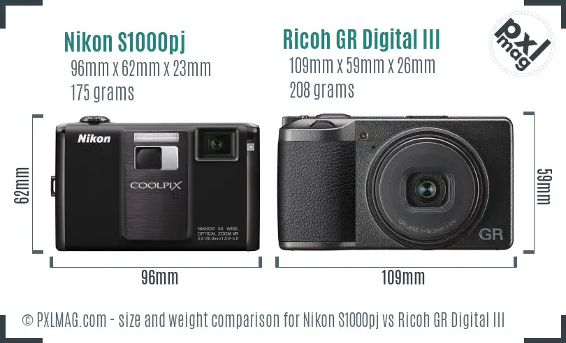 Nikon S1000pj vs Ricoh GR Digital III size comparison