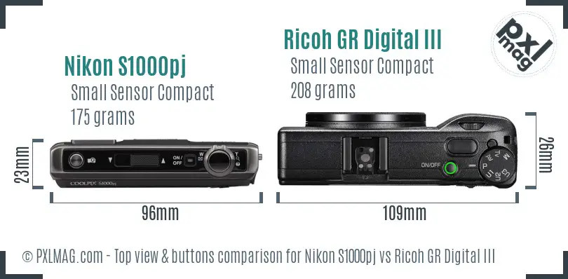Nikon S1000pj vs Ricoh GR Digital III top view buttons comparison