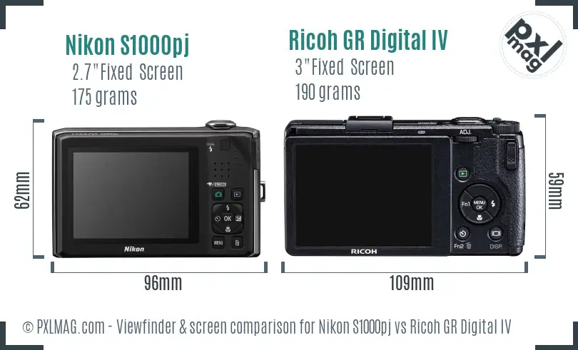 Nikon S1000pj vs Ricoh GR Digital IV Screen and Viewfinder comparison