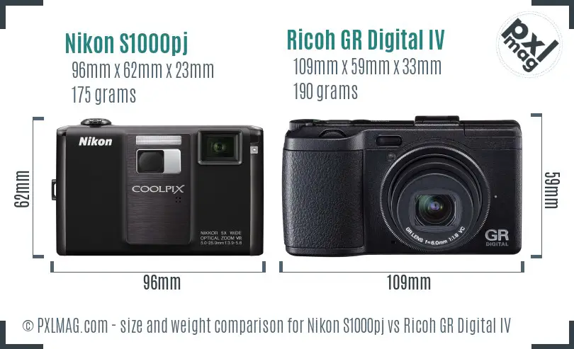 Nikon S1000pj vs Ricoh GR Digital IV size comparison