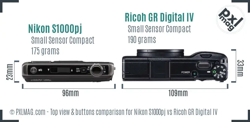 Nikon S1000pj vs Ricoh GR Digital IV top view buttons comparison