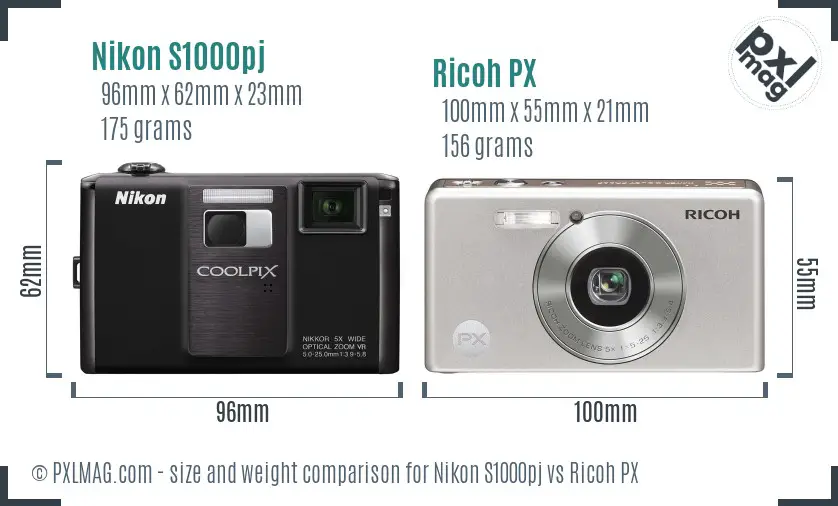 Nikon S1000pj vs Ricoh PX size comparison