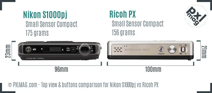 Nikon S1000pj vs Ricoh PX top view buttons comparison