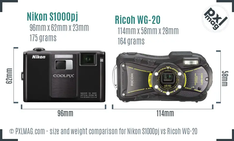 Nikon S1000pj vs Ricoh WG-20 size comparison