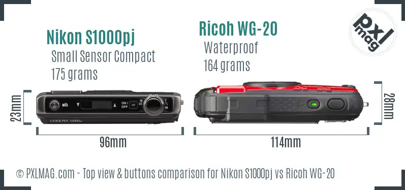 Nikon S1000pj vs Ricoh WG-20 top view buttons comparison