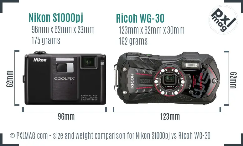 Nikon S1000pj vs Ricoh WG-30 size comparison