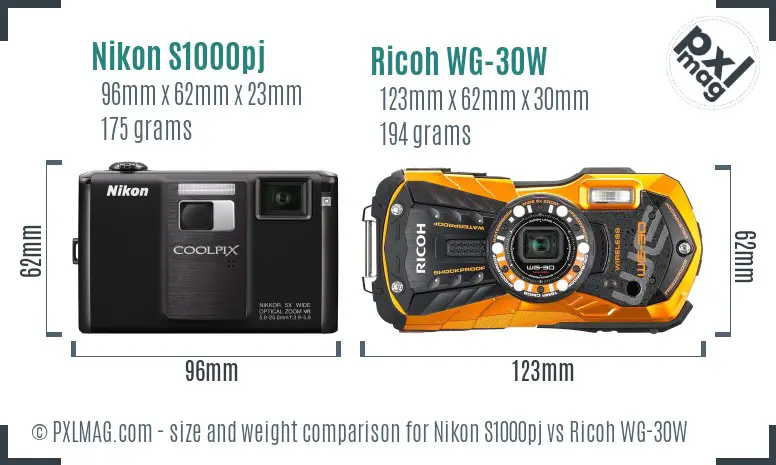Nikon S1000pj vs Ricoh WG-30W size comparison