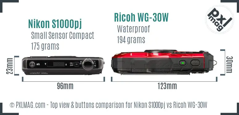 Nikon S1000pj vs Ricoh WG-30W top view buttons comparison