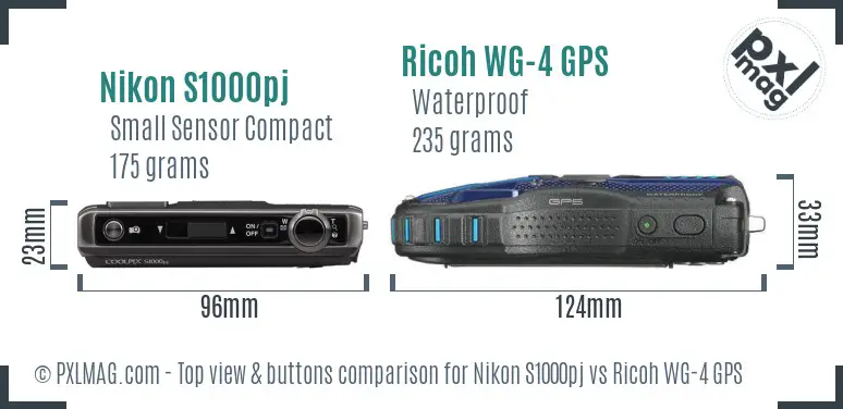 Nikon S1000pj vs Ricoh WG-4 GPS top view buttons comparison