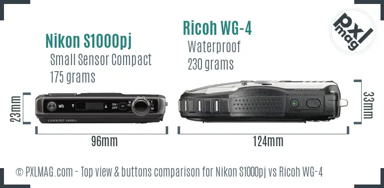 Nikon S1000pj vs Ricoh WG-4 top view buttons comparison Nikon S1000pj vs Ricoh WG-4 top view buttons comparison