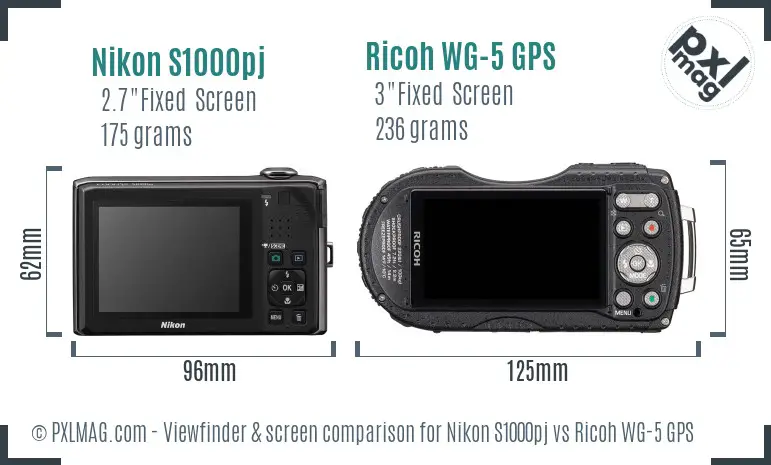 Nikon S1000pj vs Ricoh WG-5 GPS Screen and Viewfinder comparison