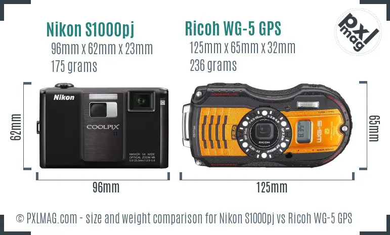 Nikon S1000pj vs Ricoh WG-5 GPS size comparison