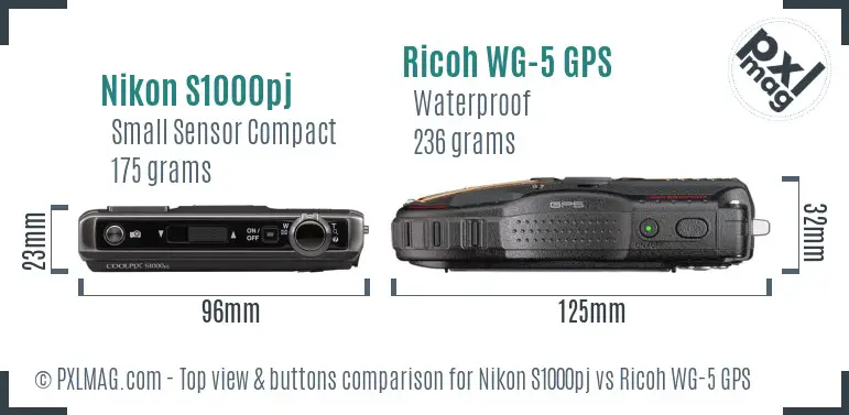 Nikon S1000pj vs Ricoh WG-5 GPS top view buttons comparison
