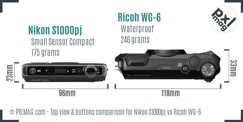 Nikon S1000pj vs Ricoh WG-6 top view buttons comparison