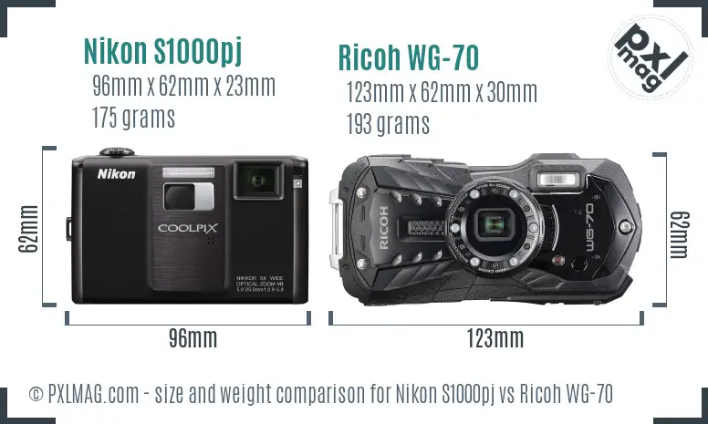 Nikon S1000pj vs Ricoh WG-70 size comparison