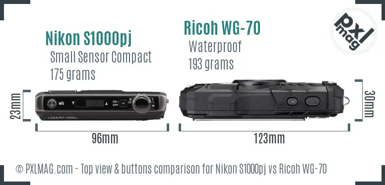 Nikon S1000pj vs Ricoh WG-70 top view buttons comparison