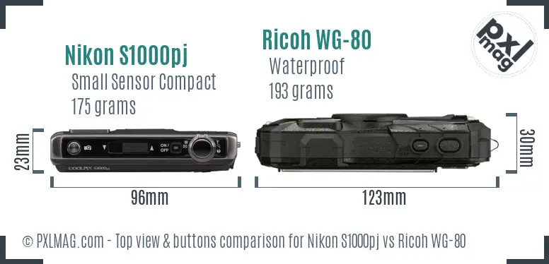 Nikon S1000pj vs Ricoh WG-80 top view buttons comparison