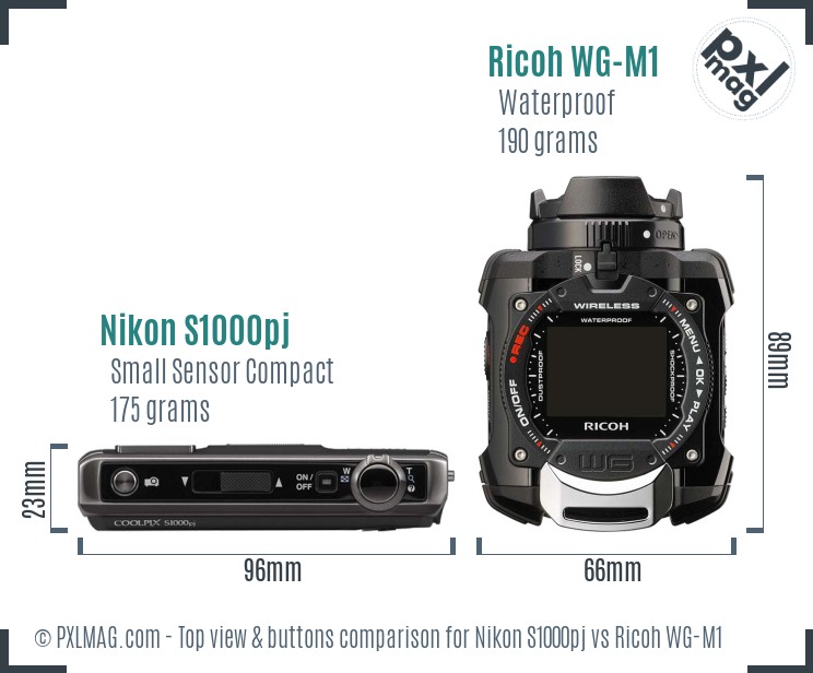 Nikon S1000pj vs Ricoh WG-M1 top view buttons comparison