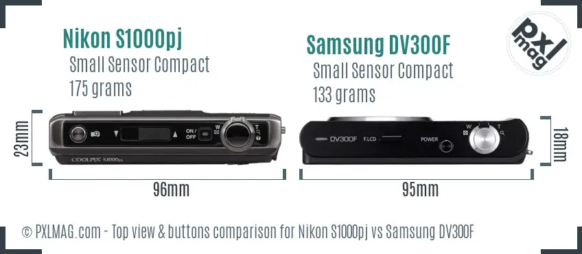 Nikon S1000pj vs Samsung DV300F top view buttons comparison