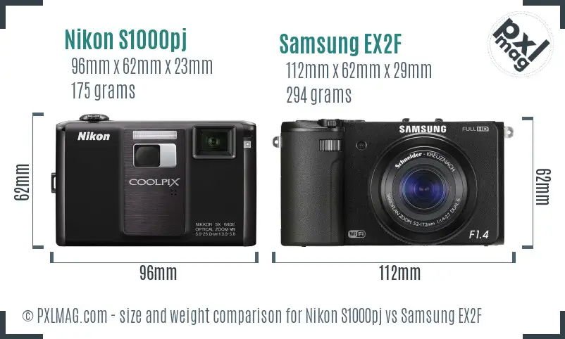 Nikon S1000pj vs Samsung EX2F size comparison