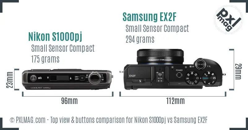 Nikon S1000pj vs Samsung EX2F top view buttons comparison