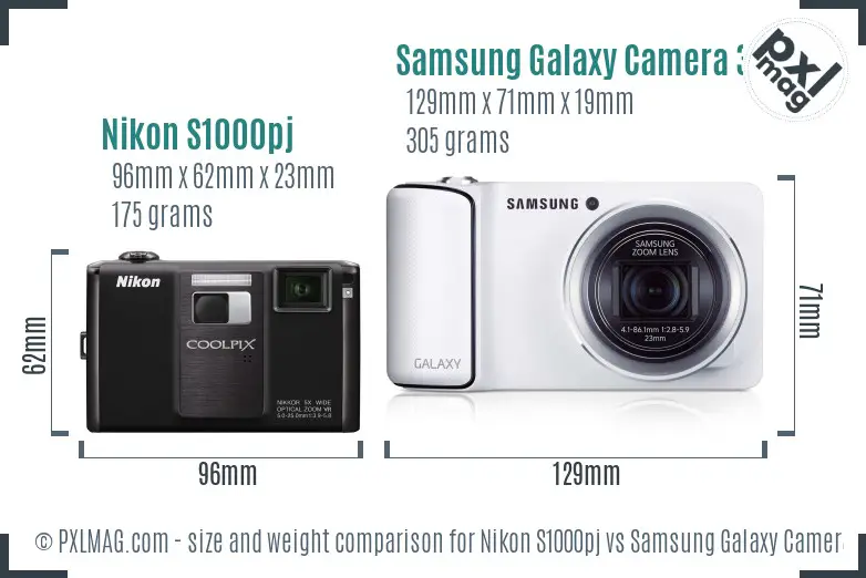 Nikon S1000pj vs Samsung Galaxy Camera 3G size comparison