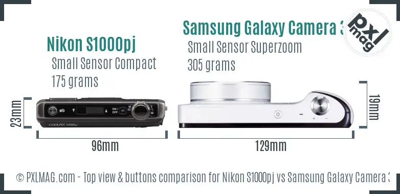 Nikon S1000pj vs Samsung Galaxy Camera 3G top view buttons comparison