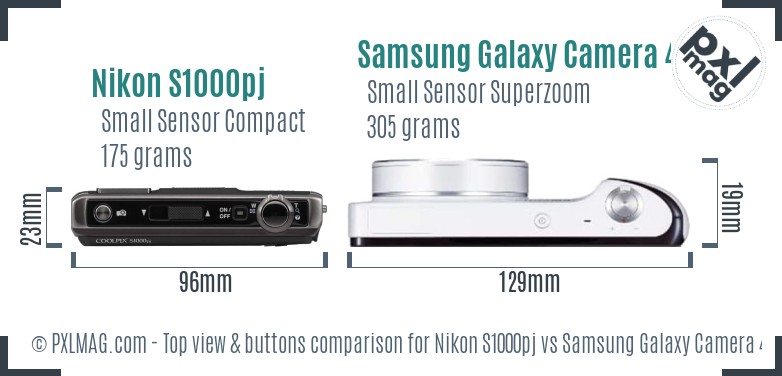 Nikon S1000pj vs Samsung Galaxy Camera 4G top view buttons comparison