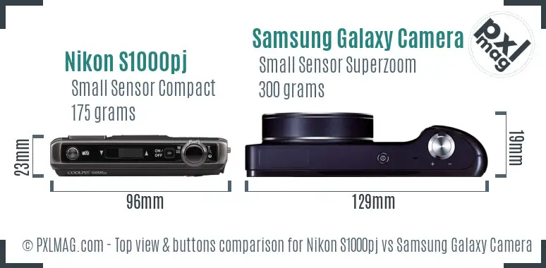 Nikon S1000pj vs Samsung Galaxy Camera top view buttons comparison