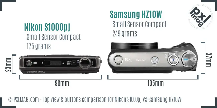 Nikon S1000pj vs Samsung HZ10W top view buttons comparison Nikon S1000pj vs Samsung HZ10W top view buttons comparison