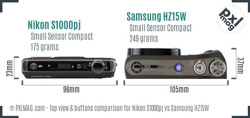 Nikon S1000pj vs Samsung HZ15W top view buttons comparison