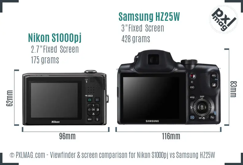 Nikon S1000pj vs Samsung HZ25W Screen and Viewfinder comparison