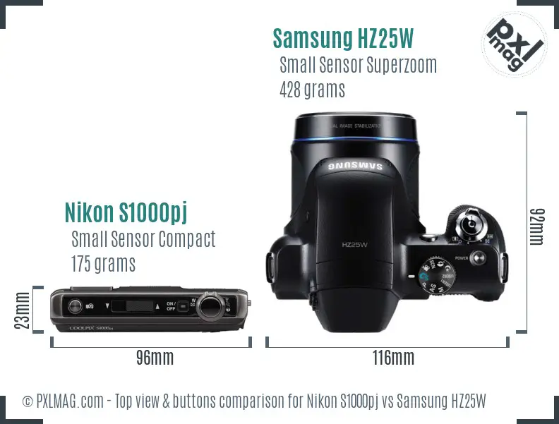 Nikon S1000pj vs Samsung HZ25W top view buttons comparison