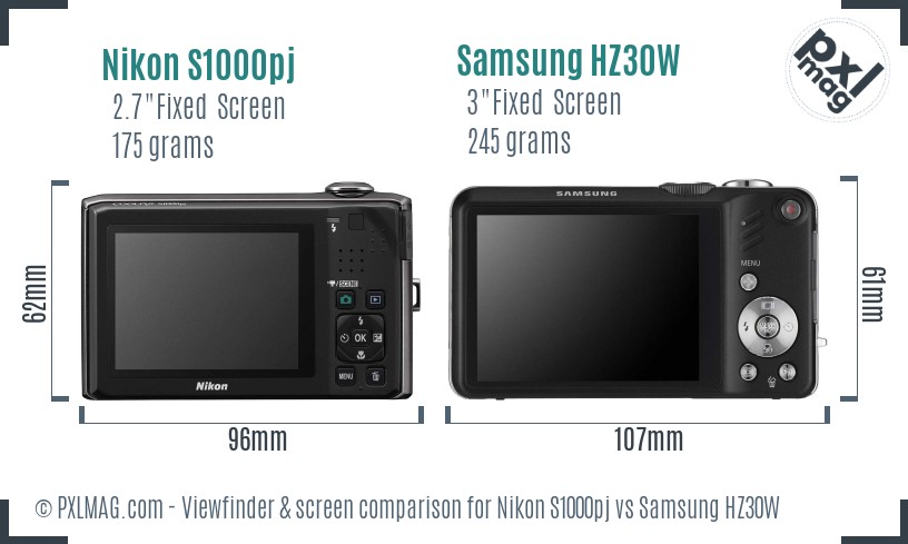 Nikon S1000pj vs Samsung HZ30W Screen and Viewfinder comparison