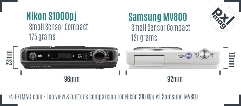Nikon S1000pj vs Samsung MV800 top view buttons comparison