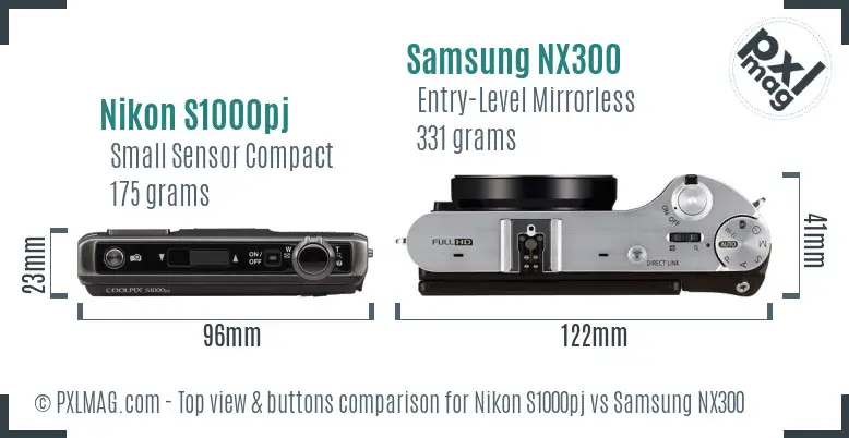 Nikon S1000pj vs Samsung NX300 top view buttons comparison