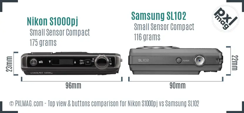 Nikon S1000pj vs Samsung SL102 top view buttons comparison Nikon S1000pj vs Samsung SL102 top view buttons comparison