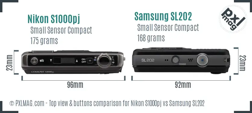 Nikon S1000pj vs Samsung SL202 top view buttons comparison