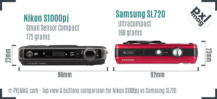 Nikon S1000pj vs Samsung SL720 top view buttons comparison